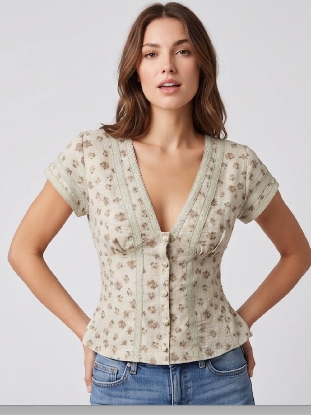 Vintage Like Floral Lace-Trimmed Button-Up Blouse
